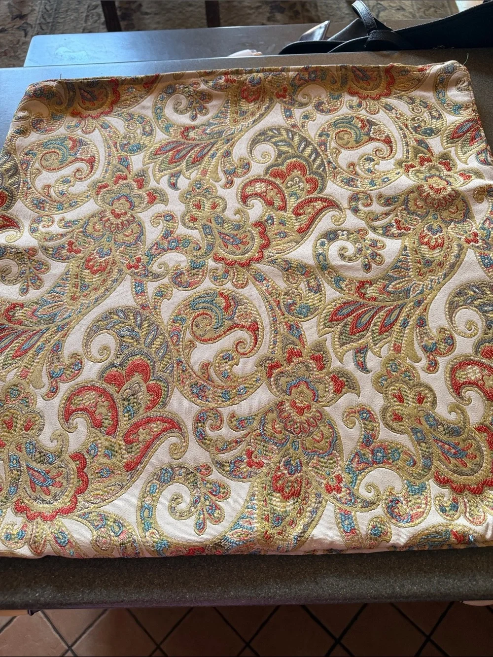 Paisley Print Fabric Pillow Cover Sham - Cream Base w Red, Green & Gold Paisley